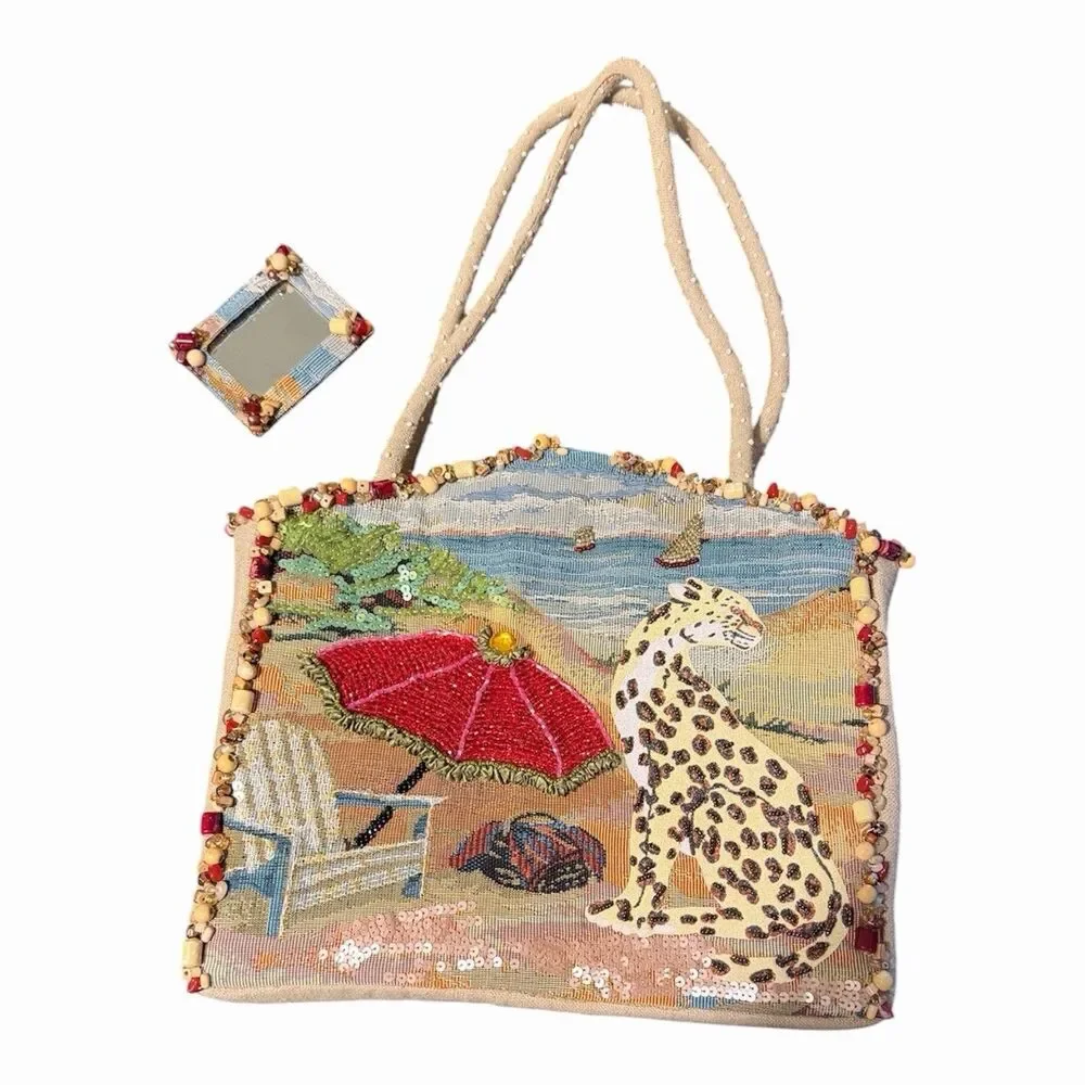 Mary Frances Leopard Beach Tapestry Beaded Sequin Tote Bag Mirror Magnetic Snap - Picture 1 of 13